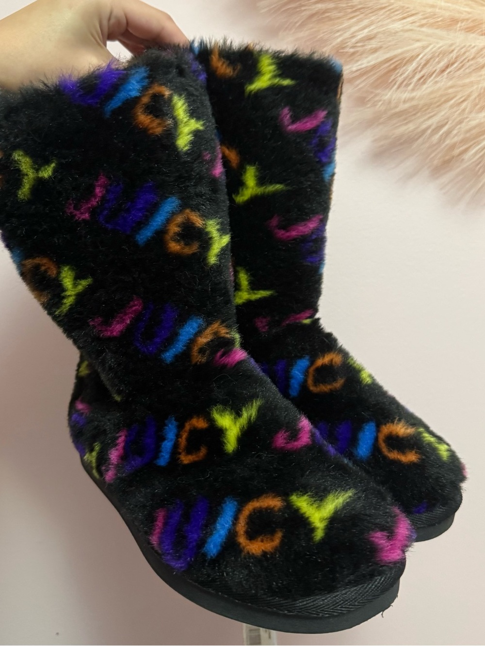 Juicy Couture Y2K 2000s Fuzzy Faux Fur Booties / Slipper Boots Rainbow & Black